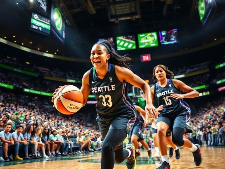 A vibrant action shot of the Seattle Storm playing on their home court at Climate Pledge Arena, with the team in teal jerseys