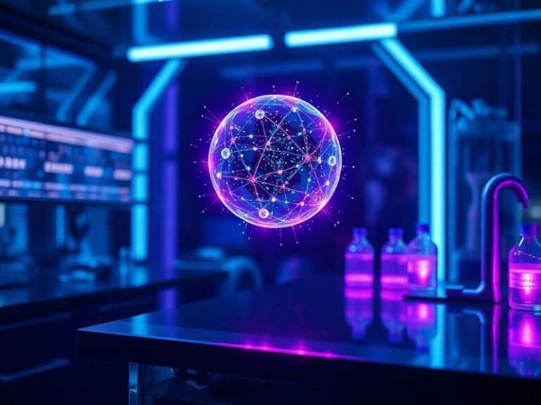 A futuristic laboratory scene with holographic quantum equations floating above a quantum computer, glowing blue and purple w