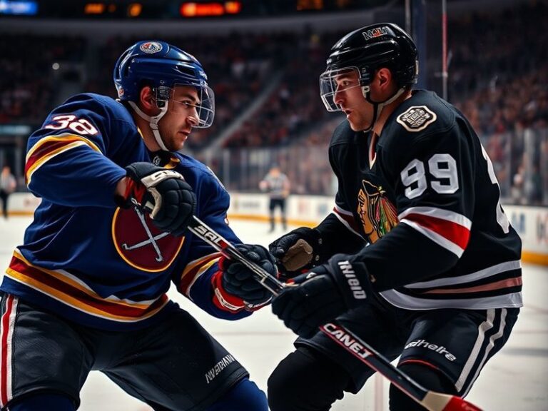 A dynamic action shot of a Sabres vs Blackhawks game, featuring players in mid-battle on the ice, with the Buffalo and Chicag