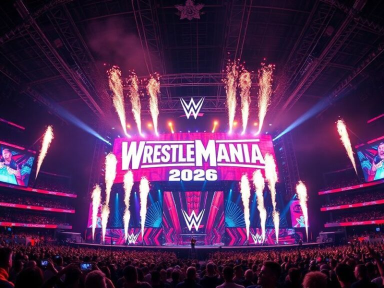 A vibrant promotional poster for WrestleMania 2026 featuring Roman Reigns and The Rock in the ring, surrounded by pyrotechnic