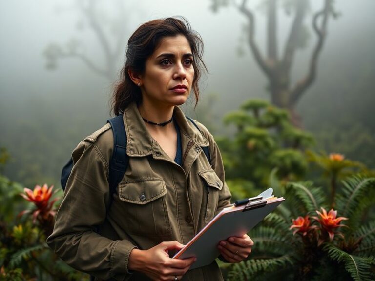 A moody, cinematic portrait of Marta Suárez sitting in a dimly lit room surrounded by film reels and books, with a vintage fi