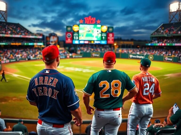A split-image illustration showing the Texas Rangers' Globe Life Field on the left with a modern, family-oriented crowd, and