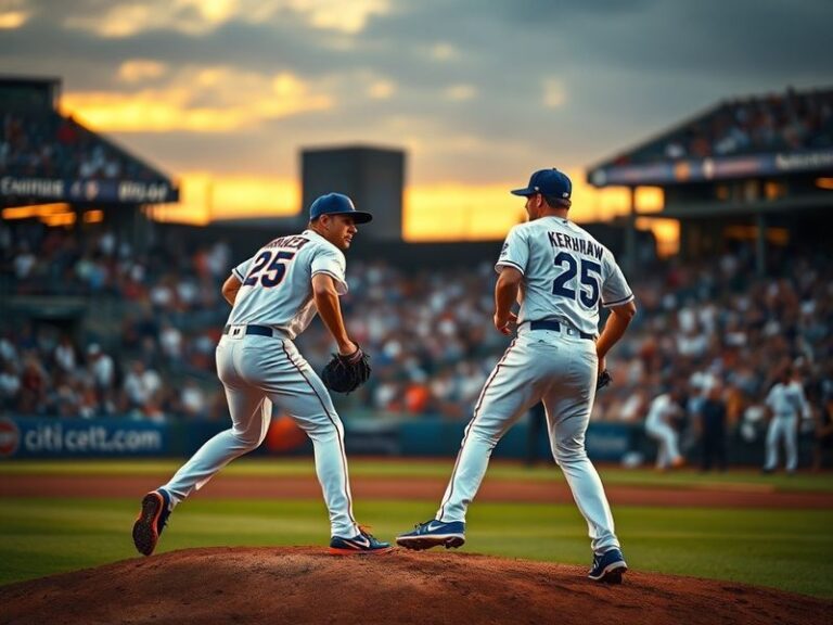 A split-image showing Citi Field in New York on one side with Mets fans in the stands, and Dodger Stadium in Los Angeles on t