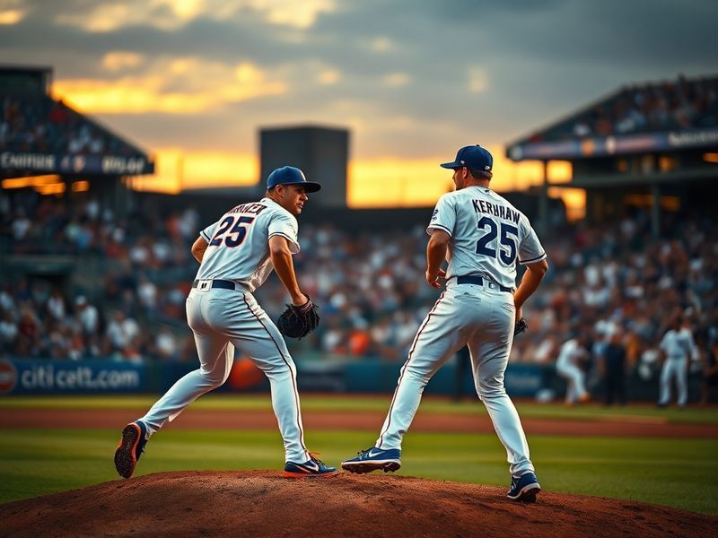 A split-image showing Citi Field in New York on one side with Mets fans in the stands, and Dodger Stadium in Los Angeles on t