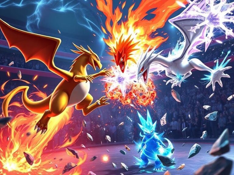 A dynamic promotional image of Mega Charizard EX and Mega Mewtwo EX in a chaotic battle scene, with energy cards swirling aro