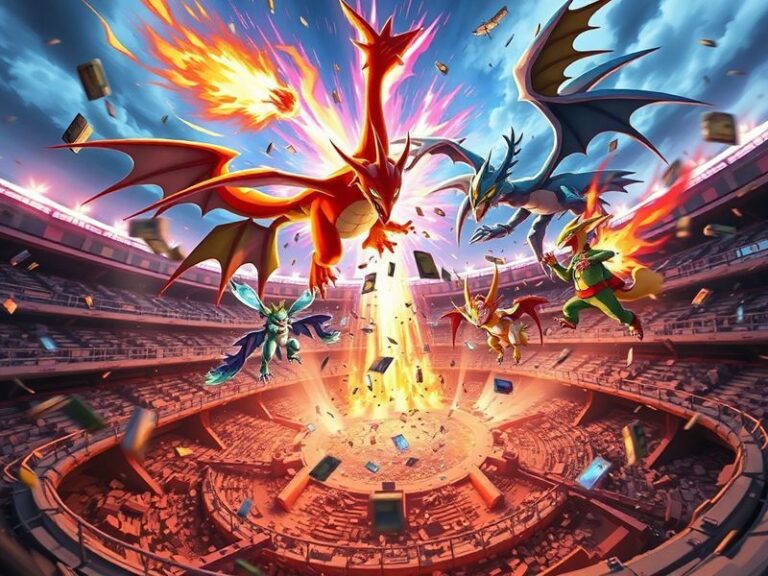 A vibrant scene featuring Mega Evolution Chaos Rising Pokémon TCG booster packs, rare cards like Charizard EX and Mewtwo EX,