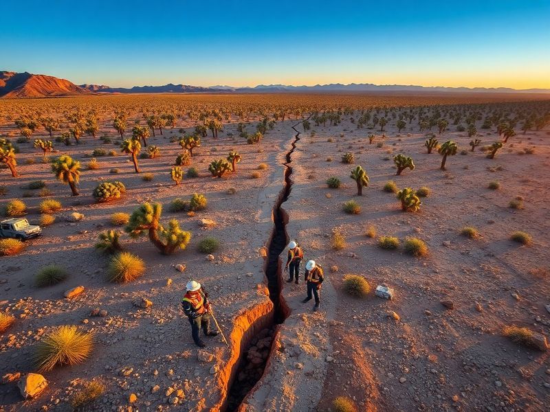 Aerial view of Nevada's rugged terrain with visible fault lines and mountain ranges, under a dramatic sky with subtle earthqu