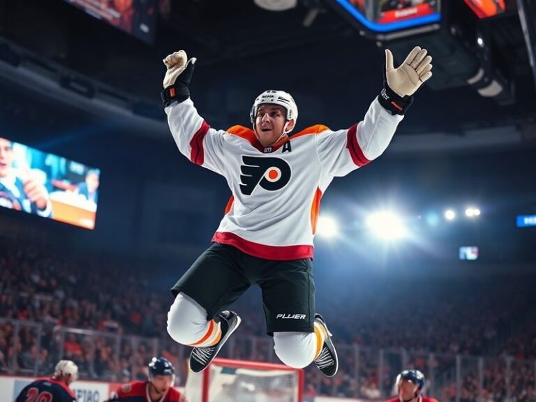 A vibrant scene at the Wells Fargo Center during a Flyers playoff game, with fans in orange and black, the scoreboard showing