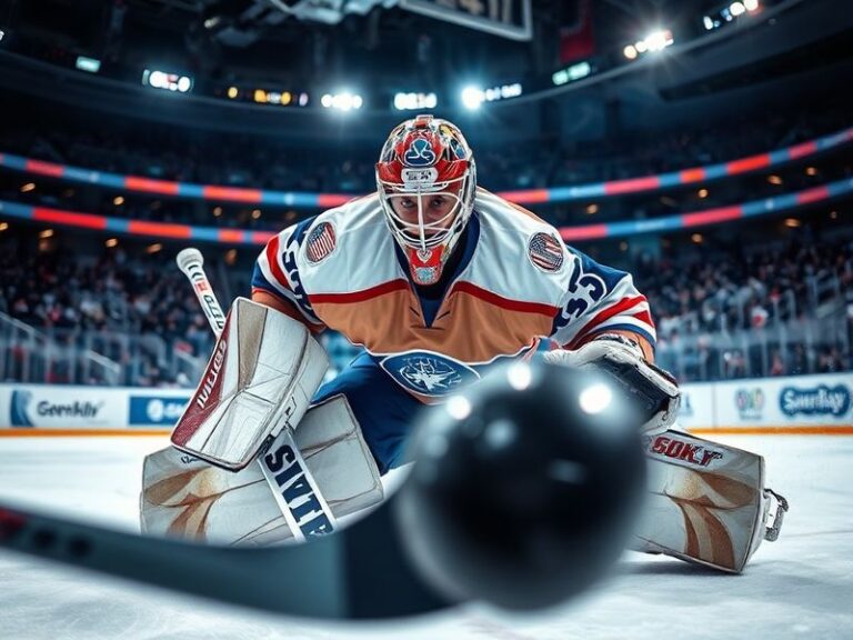 A focused action shot of Dan Vladar in full hockey gear, mid-save in a professional game setting, with the arena blurred in t
