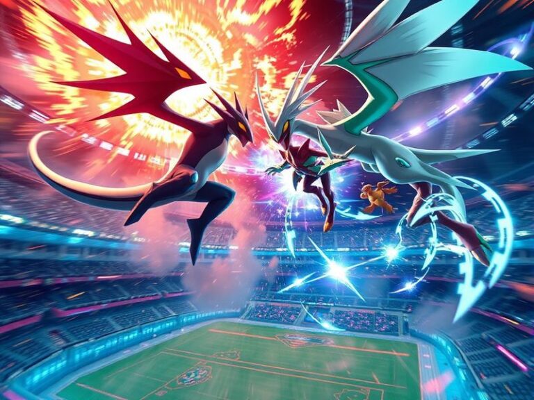 A dynamic scene of the Pokémon TCG Mega Evolution Chaos Rising set, featuring Mega Rayquaza and Mega Charizard cards with vib