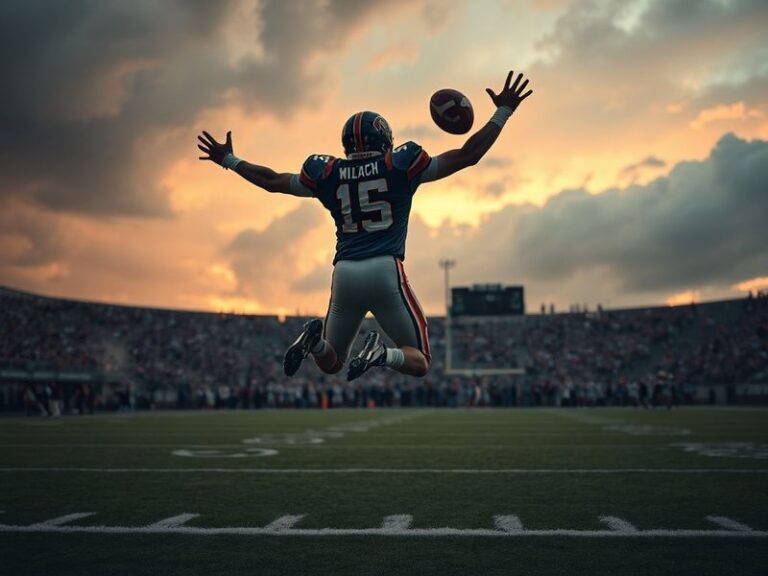 A dramatic cinematic shot of a football mid-air in a packed stadium at dusk, with players in mid-stride and a single spotligh