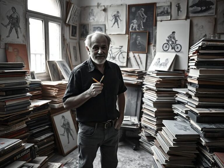 A well-lit workshop scene featuring Felipe Staiti carefully working on a wooden furniture piece with traditional tools, surro