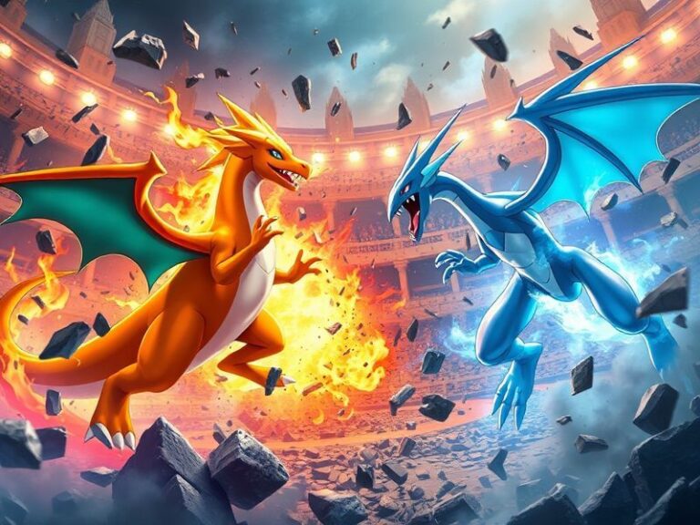 A vibrant Pokémon TCG Mega Evolution Chaos Rising booster pack display with Mega Evolved Charizard and Mewtwo cards prominent