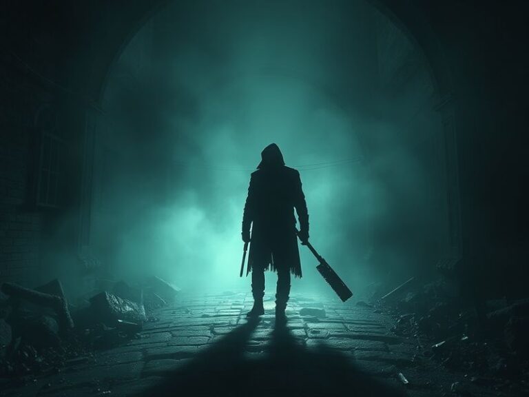 A dark, moody still from the Bloodborne movie featuring Guillermo del Toro in a gothic setting, with Yharnam’s architecture a