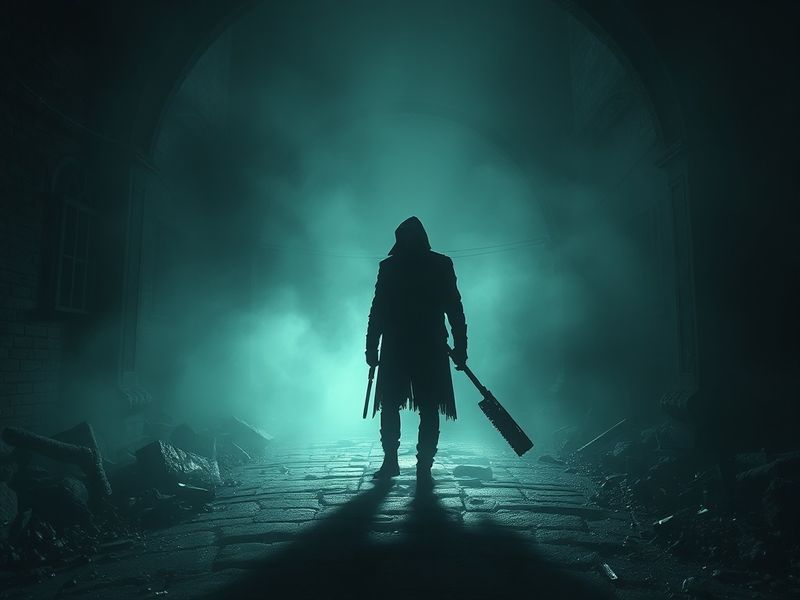 A dark, moody still from the Bloodborne movie featuring Guillermo del Toro in a gothic setting, with Yharnam’s architecture a