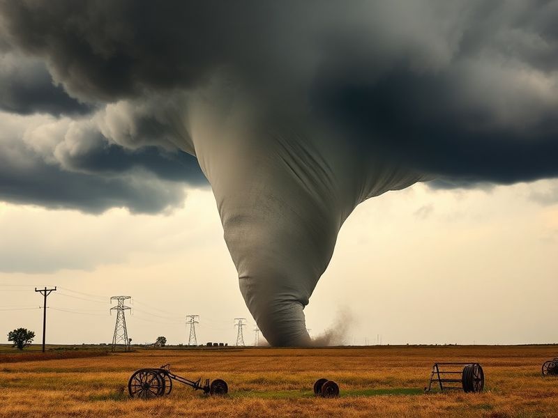 A dark, ominous sky with a visible funnel cloud descending toward a rural landscape. In the foreground, a weather alert siren