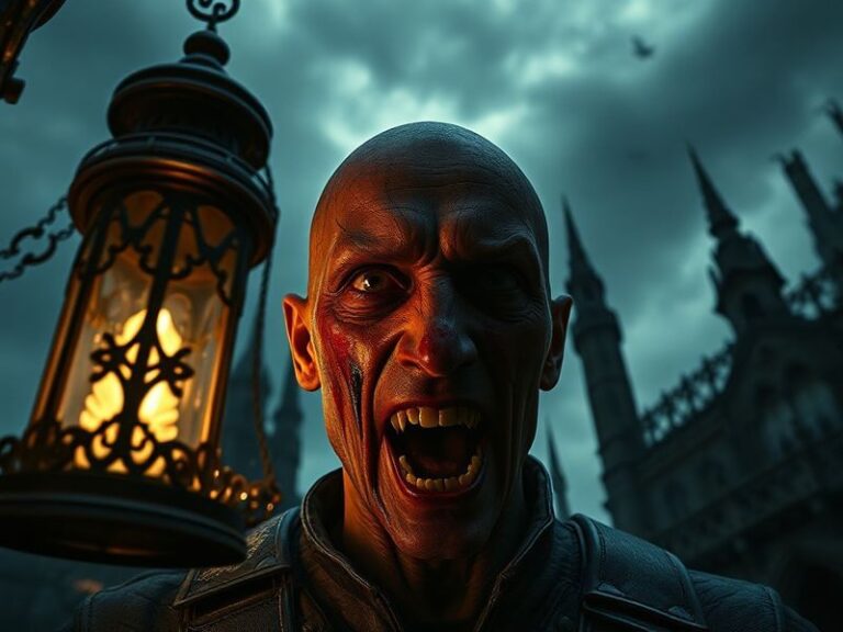 A cinematic shot of a player standing in the foggy streets of Yharnam, armed with the Hunter’s tools, facing the towering spi