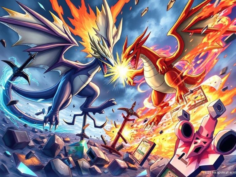 A dynamic scene featuring Mega Charizard and Mega Mewtwo cards in a futuristic tournament setting, with holographic effects,