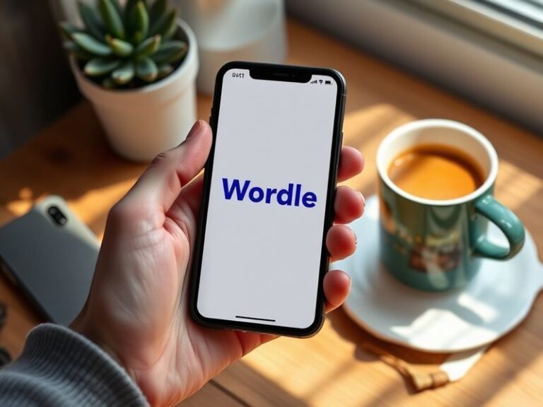 A close-up of a smartphone screen displaying the Wordle game interface with a partially solved puzzle, surrounded by coffee a