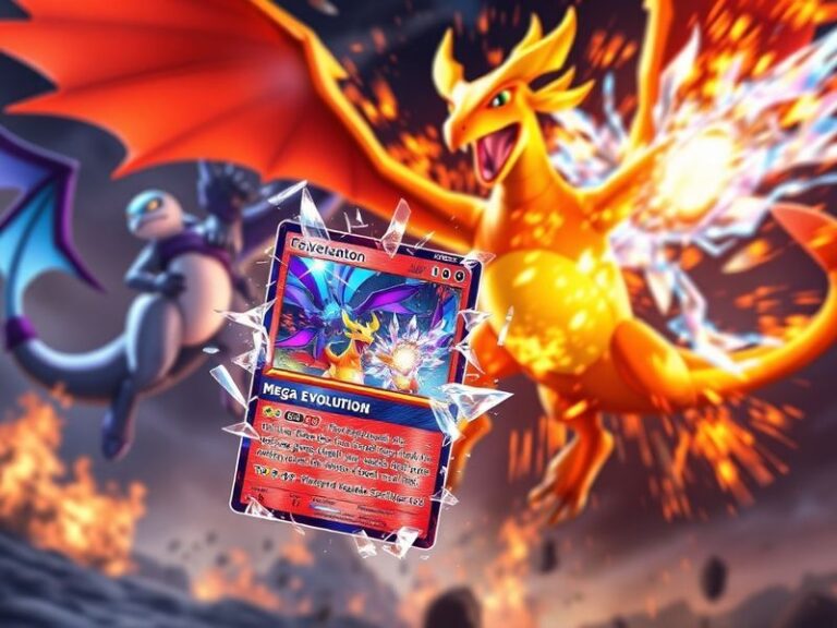 A vibrant Pokémon TCG booster pack of Mega Evolution Chaos Rising, surrounded by holographic Mega Evolved Pokémon cards like