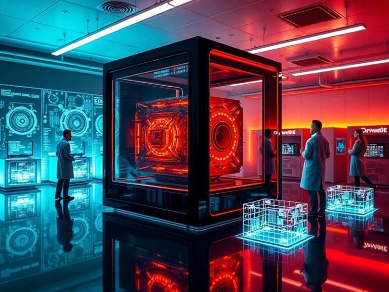A futuristic laboratory scene with glowing quantum processors, holographic data visualizations, and scientists in a high-tech