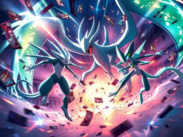 A vibrant Pokémon TCG booster pack from Mega Evolution Chaos Rising surrounded by Mega Charizard, Mega Lucario, and Mega Mewt