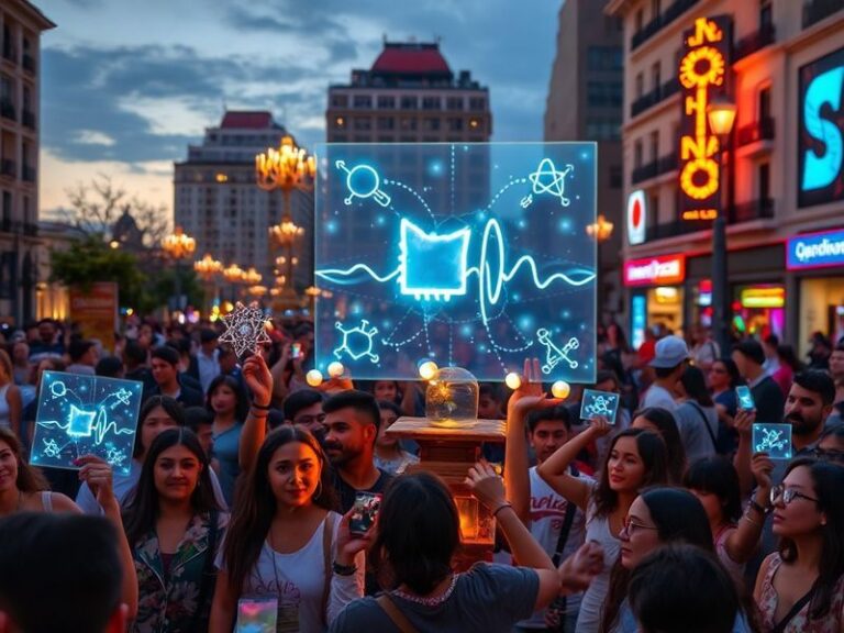 A vibrant global collage showing diverse people—students, researchers, artists—engaging with quantum science through interact