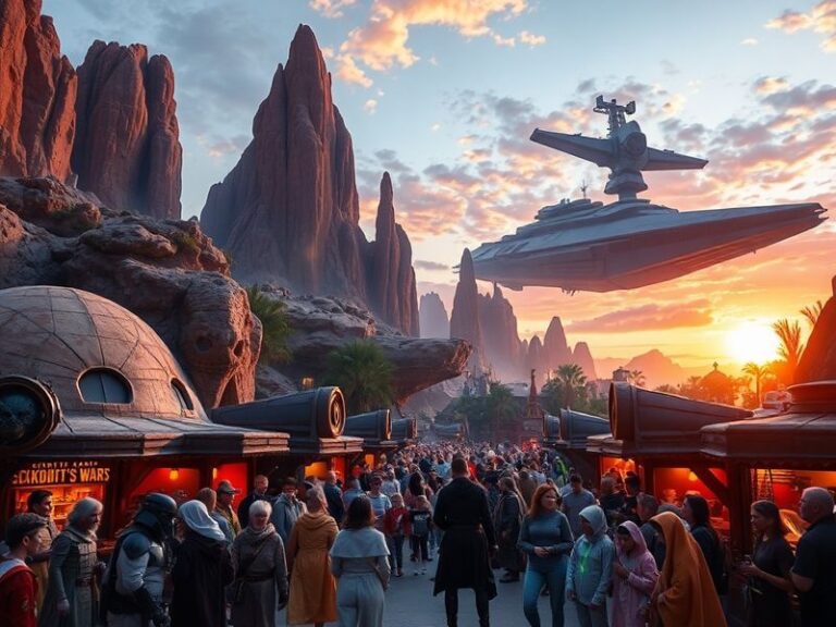 A bustling scene from Star Wars: Galaxy's Edge at Disneyland, featuring the Millennium Falcon, Batuu villagers, and a mix of
