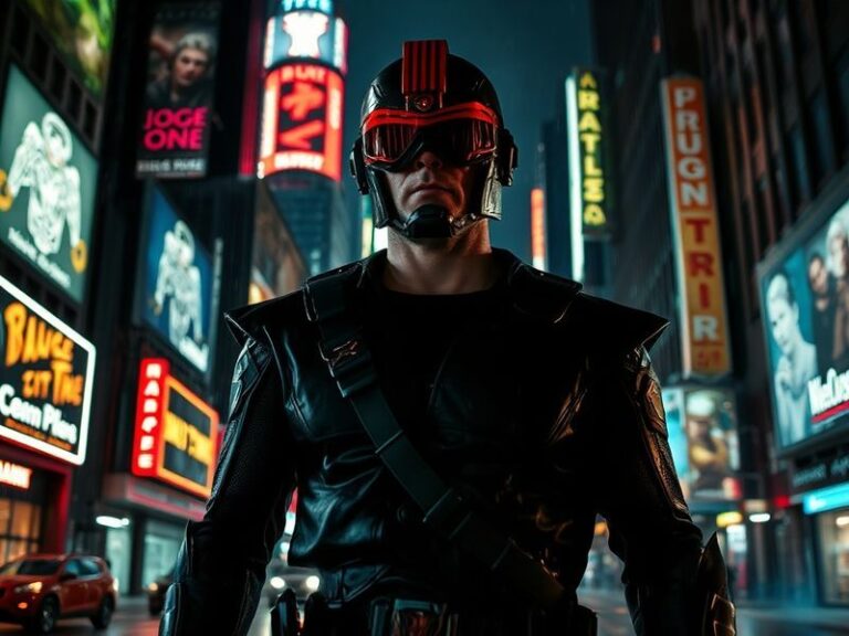 A cinematic shot of Karl Urban in a dramatic pose, wearing a leather jacket and intense expression, with a blurred urban back