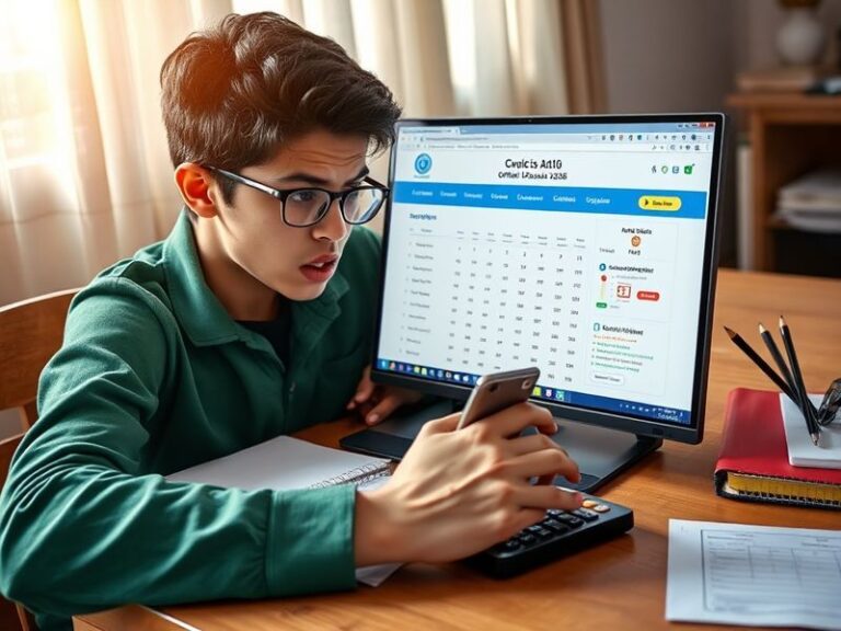 A focused student checking their CBSE Class 10 result on a laptop, with a notebook and pen nearby. The background shows a cla