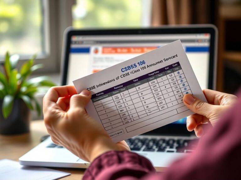 A classroom setting with students checking their CBSE Class 10 result on a laptop, surrounded by textbooks and a calendar mar
