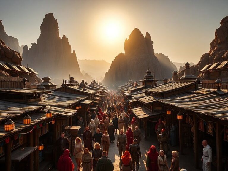 A vibrant daytime scene of Star Wars: Galaxy's Edge with the Millennium Falcon, towering rock formations, and guests dressed