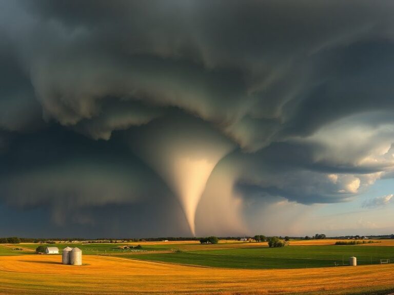 A dramatic scene of dark storm clouds forming over a rural Wisconsin landscape, with a visible funnel cloud beginning to desc
