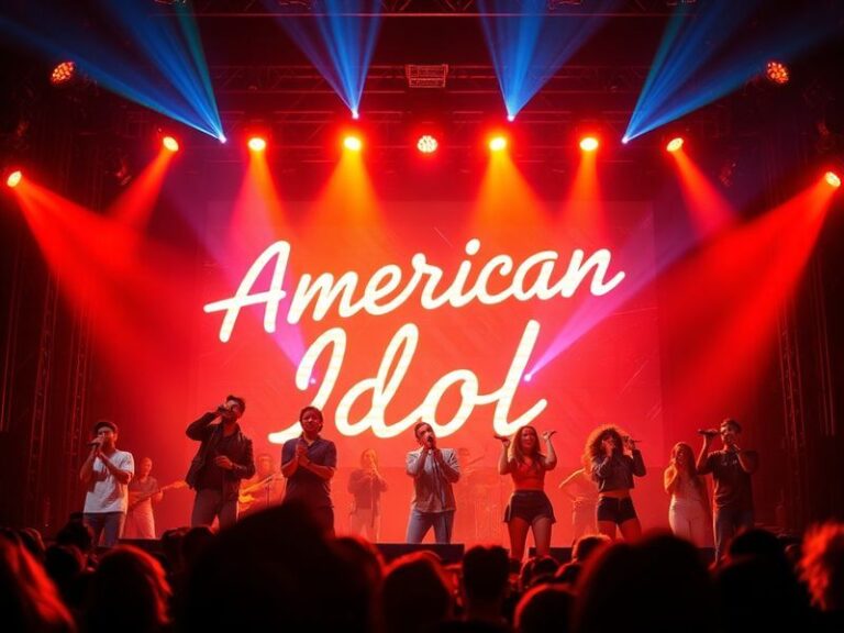 A vibrant collage of nine diverse contestants from around the world performing on the American Idol stage, with neon lighting