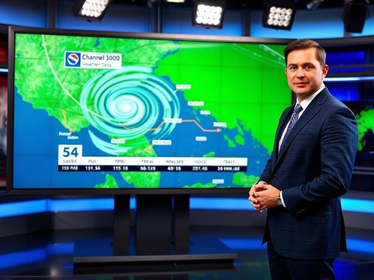 A professional meteorologist stands in front of Channel 3000's weather radar display, pointing at a developing storm system o