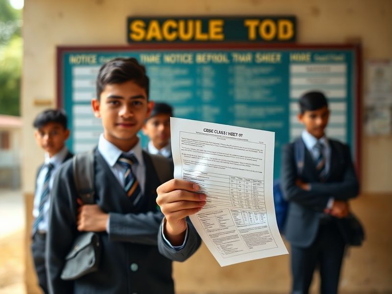 A focused student checking CBSE Class 10 results on a laptop, surrounded by study materials and a notebook, with a clock show