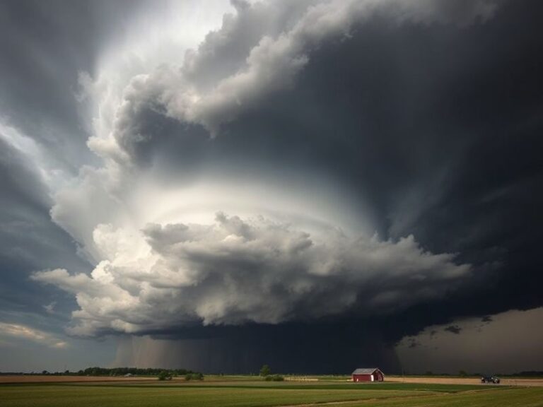 A dramatic scene of dark, rotating storm clouds over a Wisconsin landscape, with a NOAA tornado watch alert overlay. The imag