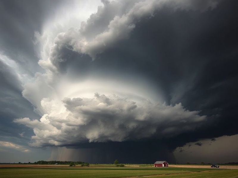 A dramatic scene of dark, rotating storm clouds over a Wisconsin landscape, with a NOAA tornado watch alert overlay. The imag