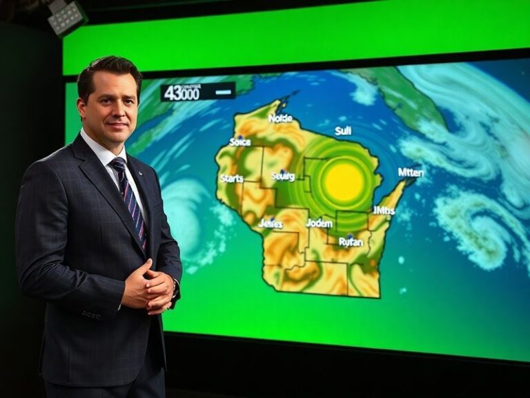 A meteorologist standing in front of a live radar screen at Channel 3000's weather center, with colorful weather maps and loc