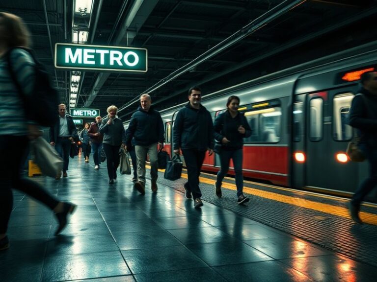 A vibrant cityscape at dusk, with a mix of modern skyscrapers and historic buildings, crowded streets filled with diverse peo