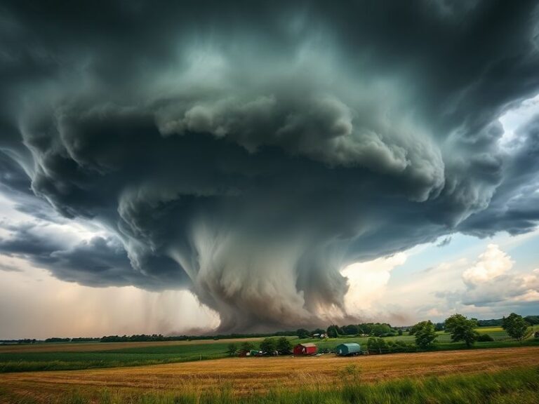 A dark, stormy sky over a Wisconsin landscape with ominous clouds and a radar map showing severe weather alerts. The scene co