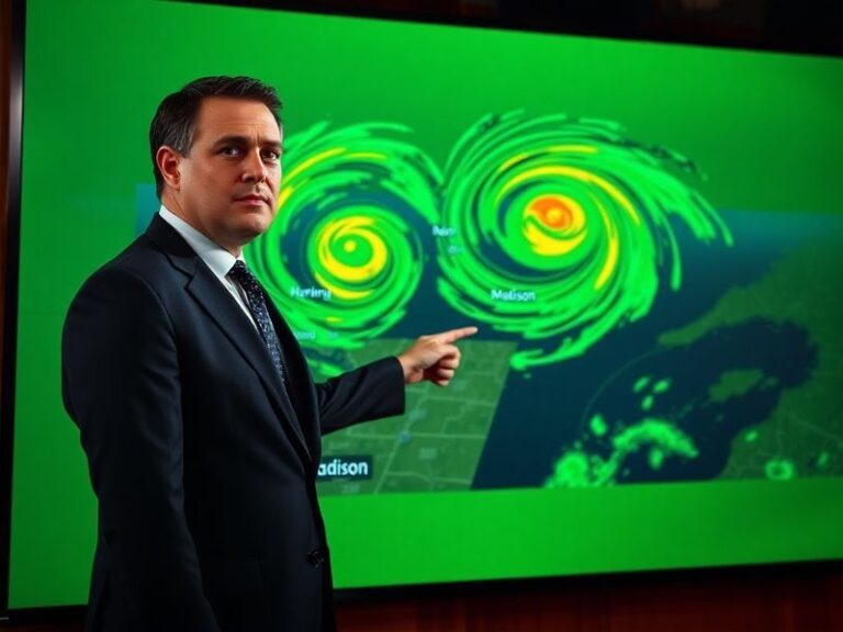 A professional meteorologist in front of a green screen weather map, with digital radar overlays showing storm systems moving