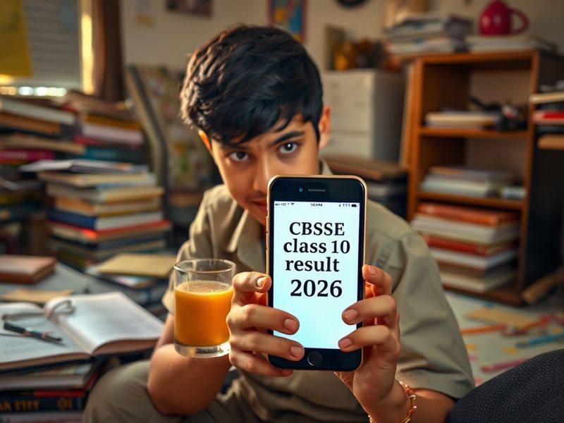 A focused student sitting at a desk with a laptop and notebook, checking the CBSE official website on screen. The background