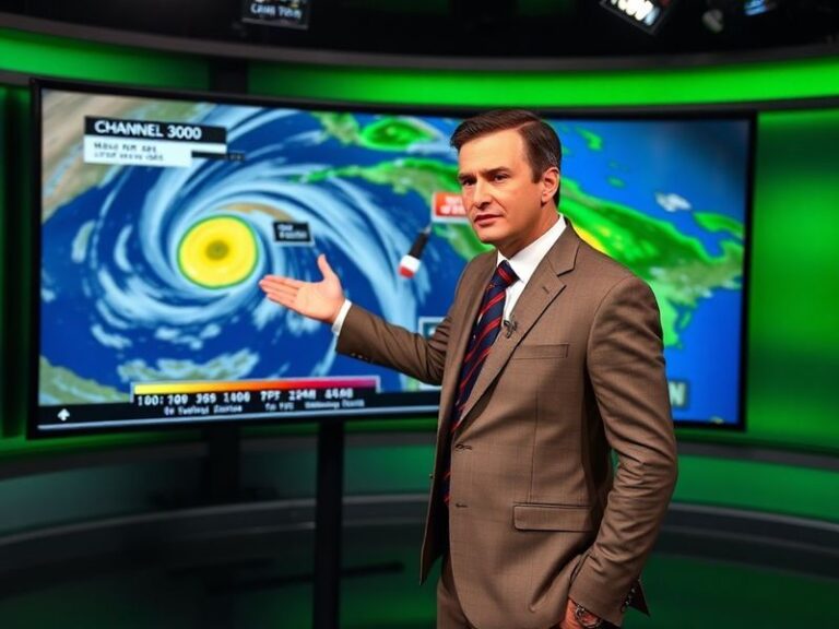A meteorologist at Channel 3000's weather desk pointing at a high-definition radar screen showing a winter storm approaching