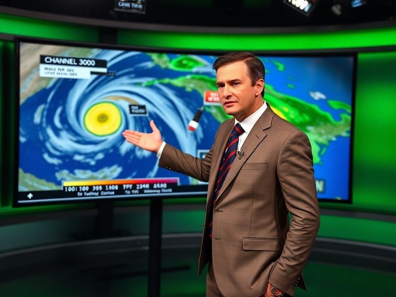 A meteorologist at Channel 3000's weather desk pointing at a high-definition radar screen showing a winter storm approaching