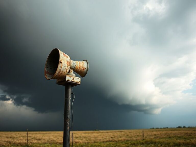 A vintage electromechanical tornado siren mounted on a metal pole against a stormy sky, with lightning in the background and