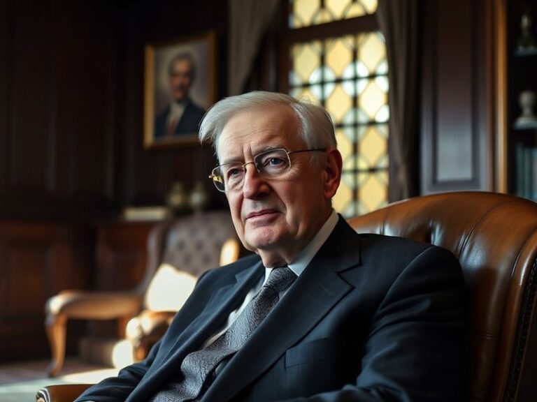 A formal portrait of Lord George Robertson in a tailored suit, seated in a grand office with NATO and British flags subtly vi