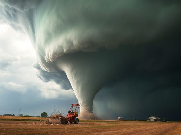 A split-scene image showing a dark, rotating tornado funnel on the left side of the frame touching down in a rural field, and
