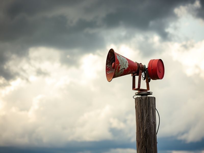 A vintage and modern tornado siren side by side: a classic mechanical siren on a metal pole with spinning rotors under a stor