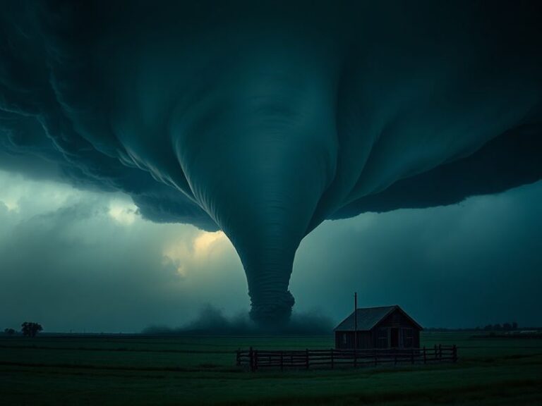 A dark, swirling tornado funnel descending toward a rural road with downed power lines and scattered debris. The sky is omino